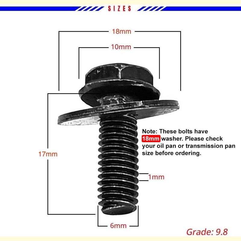 Mean Mug Auto 71315-122382A 30x M6 Bolts, 1.0 x 17mm Loose Washer Hex Head SEMS Body Bolts, Transmission Pan Bolts, Oil Pan Bolts with 18mm Washer, Replaces OEM 11508930, M6 Screws for Toyota, Subaru, Dodge & More - Image 2